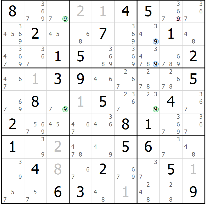 Position des candidats pour la solution de la Gr 5 page 8 du magazine de sudoku Maestro n° 104