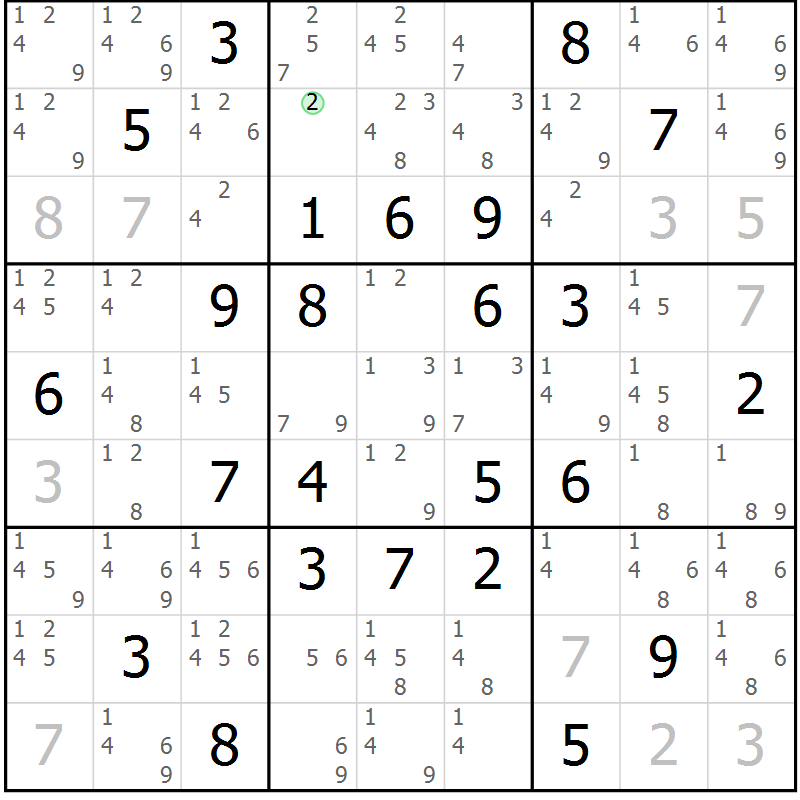 Position des candidats pour la solution de la Gr 50 page 53 du magazine de sudoku Maestro n° 104