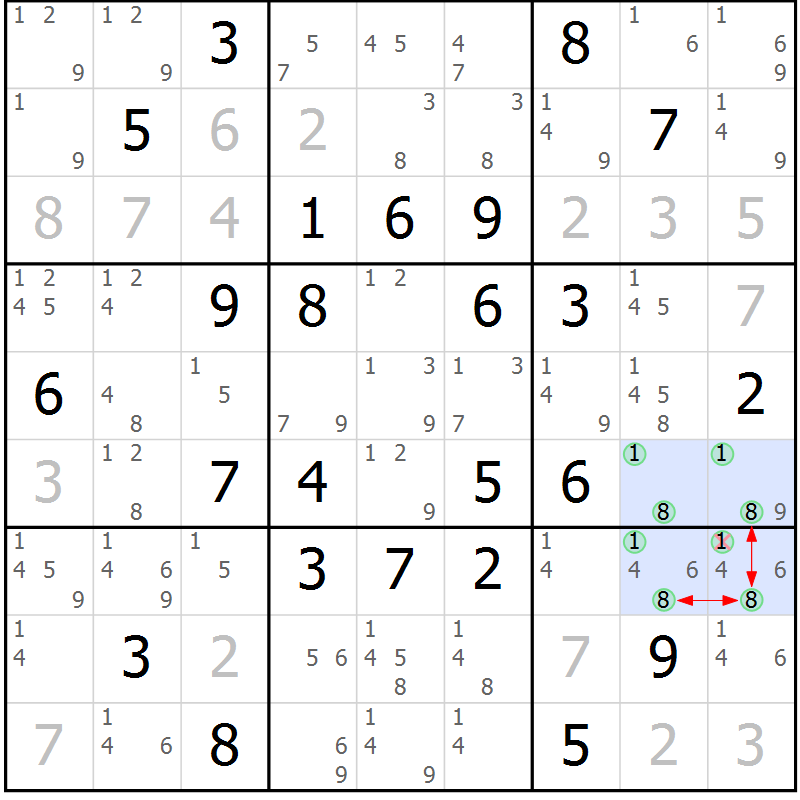 Position des candidats pour la solution de la Gr 50 page 53 du magazine de sudoku Maestro n° 104