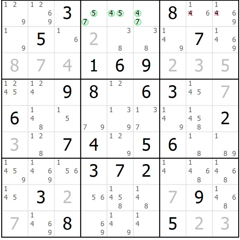 Position des candidats pour la solution de la Gr 50 page 53 du magazine de sudoku Maestro n° 104