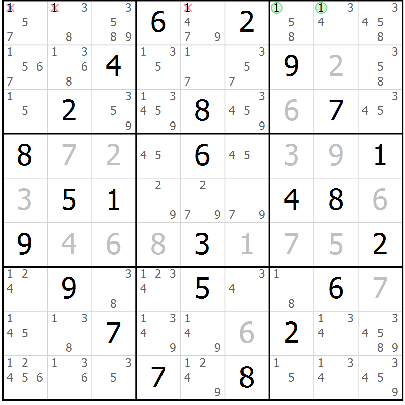Position des candidats pour la solution de la Gr 51 page 54 du magazine de sudoku Maestro n° 104