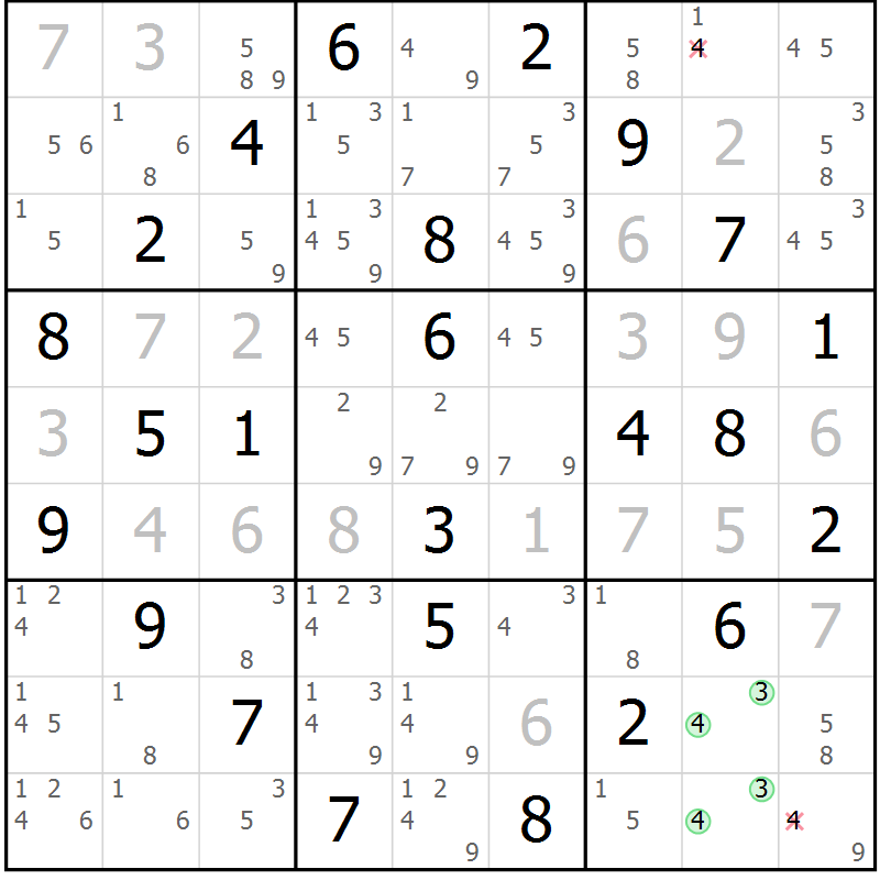 Position des candidats pour la solution de la Gr 51 page 54 du magazine de sudoku Maestro n° 104