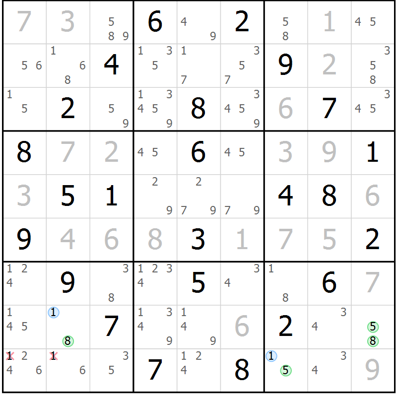 Position des candidats pour la solution de la Gr 51 page 54 du magazine de sudoku Maestro n° 104