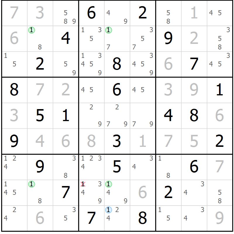 Position des candidats pour la solution de la Gr 51 page 54 du magazine de sudoku Maestro n° 104