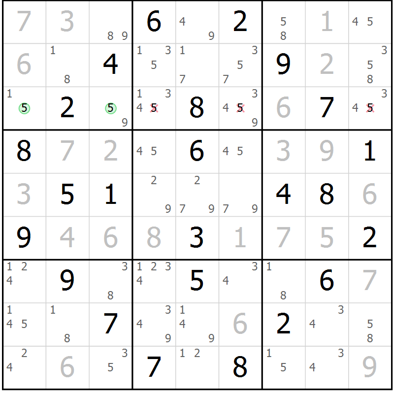 Position des candidats pour la solution de la Gr 51 page 54 du magazine de sudoku Maestro n° 104