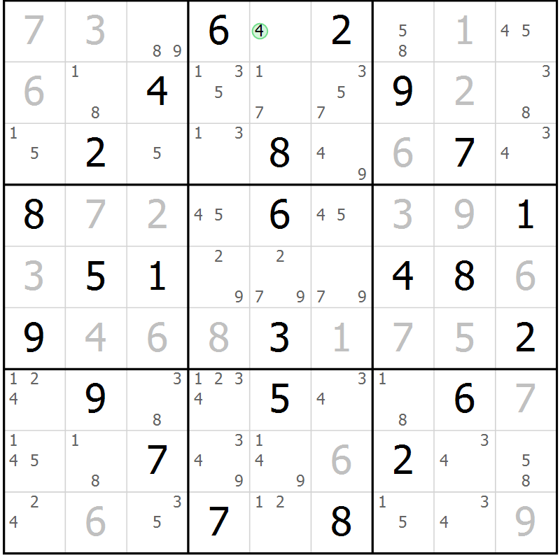 Position des candidats pour la solution de la Gr 51 page 54 du magazine de sudoku Maestro n° 104