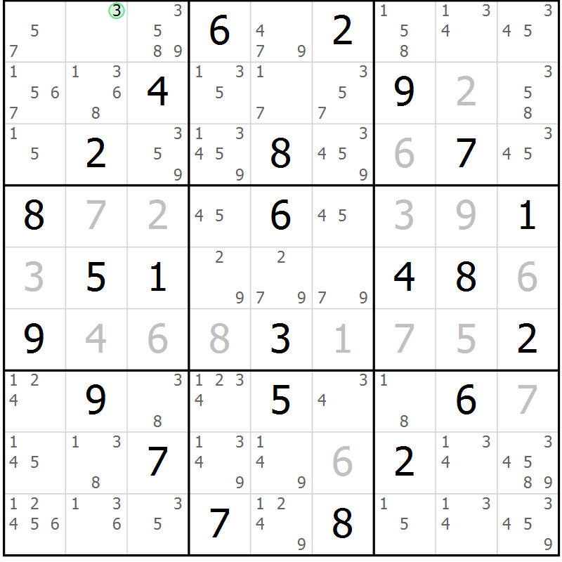 Position des candidats pour la solution de la Gr 51 page 54 du magazine de sudoku Maestro n° 104