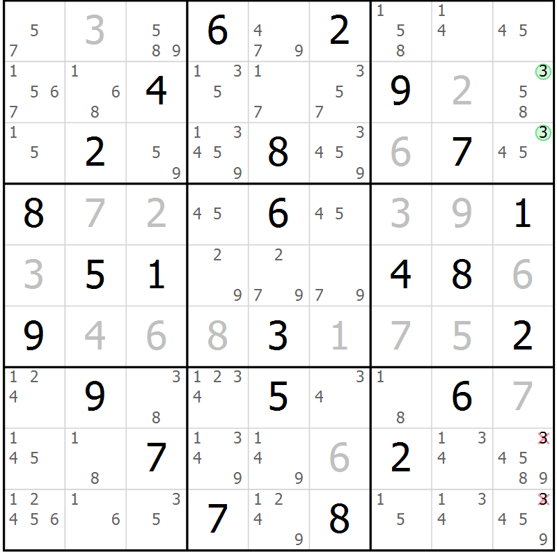 Position des candidats pour la solution de la Gr 51 page 54 du magazine de sudoku Maestro n° 104