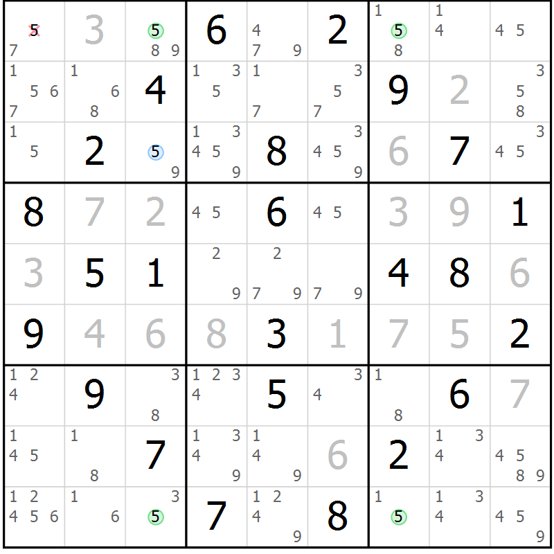 Position des candidats pour la solution de la Gr 51 page 54 du magazine de sudoku Maestro n° 104