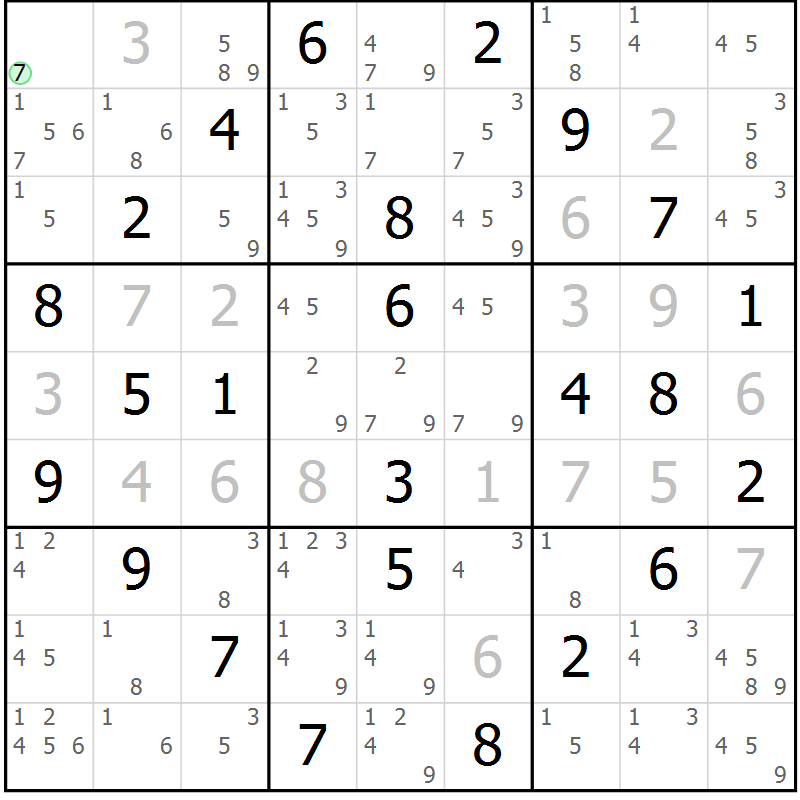 Position des candidats pour la solution de la Gr 51 page 54 du magazine de sudoku Maestro n° 104
