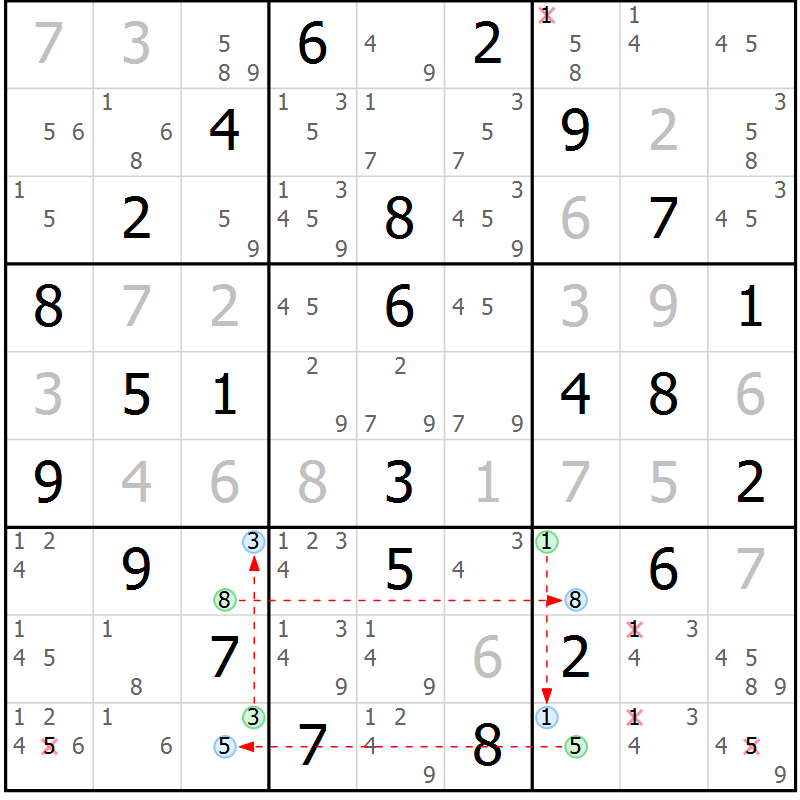 Position des candidats pour la solution de la Gr 51 page 54 du magazine de sudoku Maestro n° 104