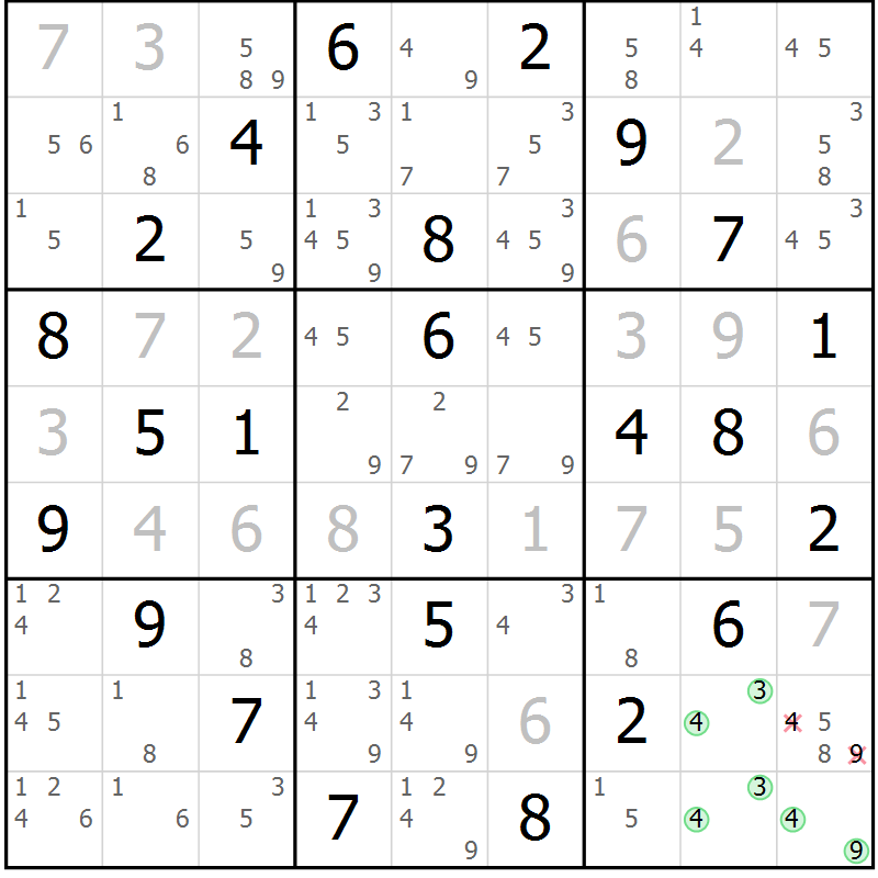 Position des candidats pour la solution de la Gr 51 page 54 du magazine de sudoku Maestro n° 104
