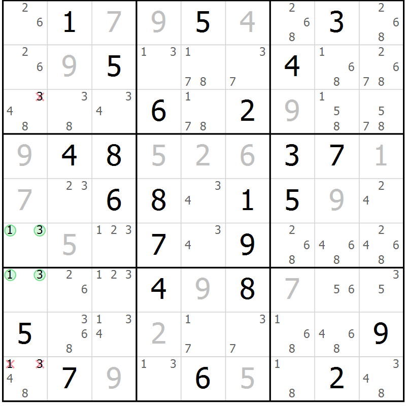Position des candidats pour la solution de la Gr 52 page 55 du magazine de sudoku Maestro n° 104