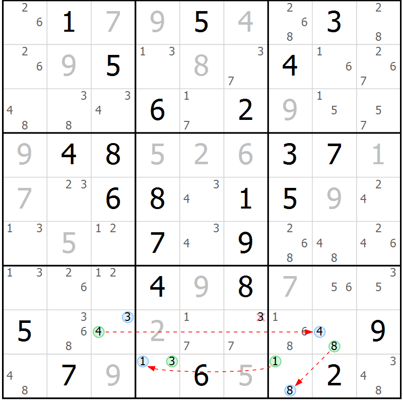 Position des candidats pour la solution de la Gr 52 page 55 du magazine de sudoku Maestro n° 104