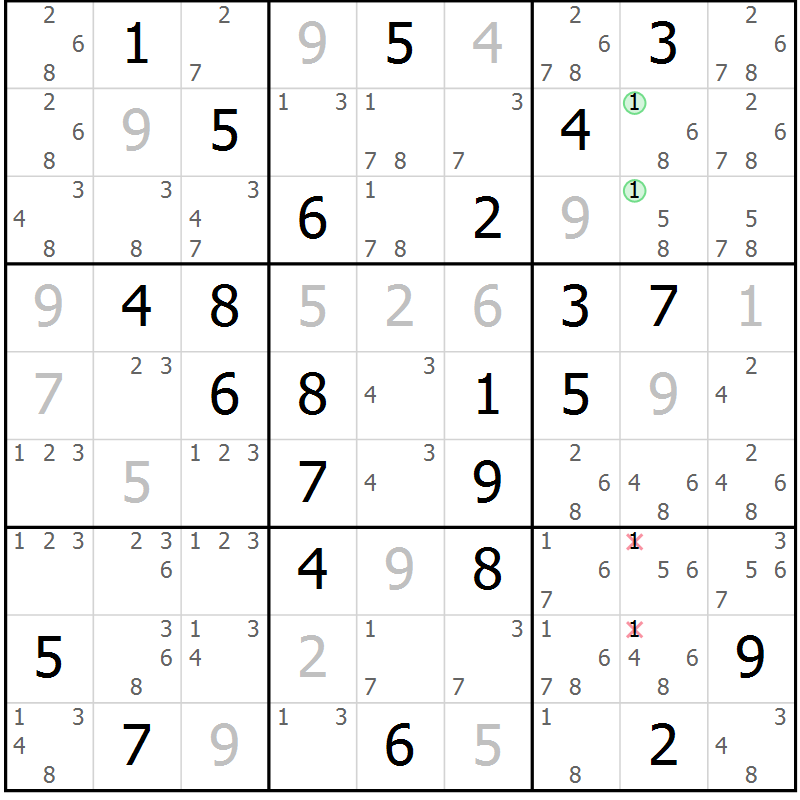 Position des candidats pour la solution de la Gr 52 page 55 du magazine de sudoku Maestro n° 104