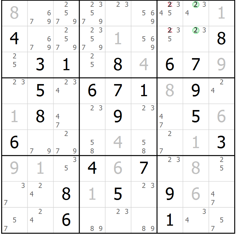 Position des candidats pour la solution de la Gr 53 page 56 du magazine de sudoku Maestro n° 104