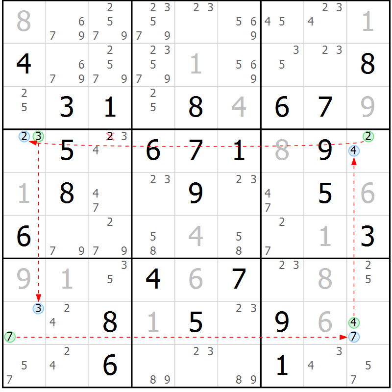 Position des candidats pour la solution de la Gr 53 page 56 du magazine de sudoku Maestro n° 104