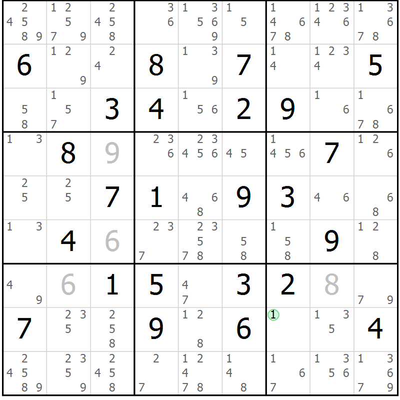 Position des candidats pour la solution de la Gr 54 page 57 du magazine de sudoku Maestro n° 104