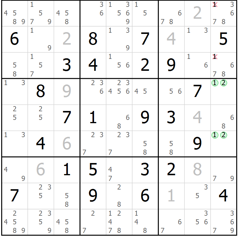 Position des candidats pour la solution de la Gr 54 page 57 du magazine de sudoku Maestro n° 104