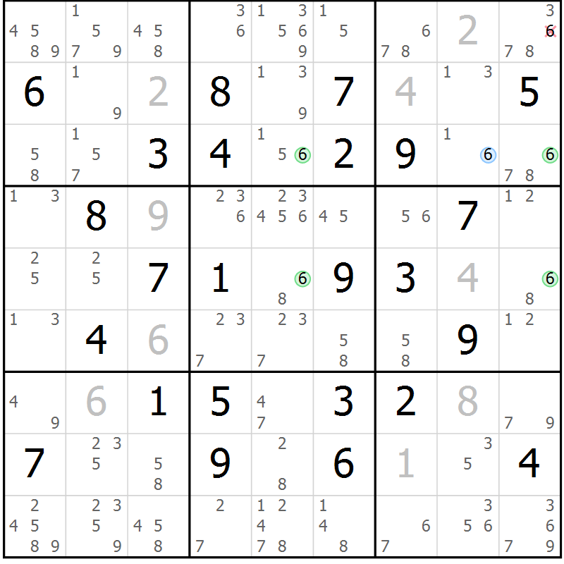 Position des candidats pour la solution de la Gr 54 page 57 du magazine de sudoku Maestro n° 104
