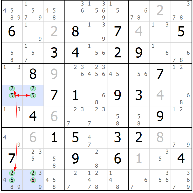 Position des candidats pour la solution de la Gr 54 page 57 du magazine de sudoku Maestro n° 104