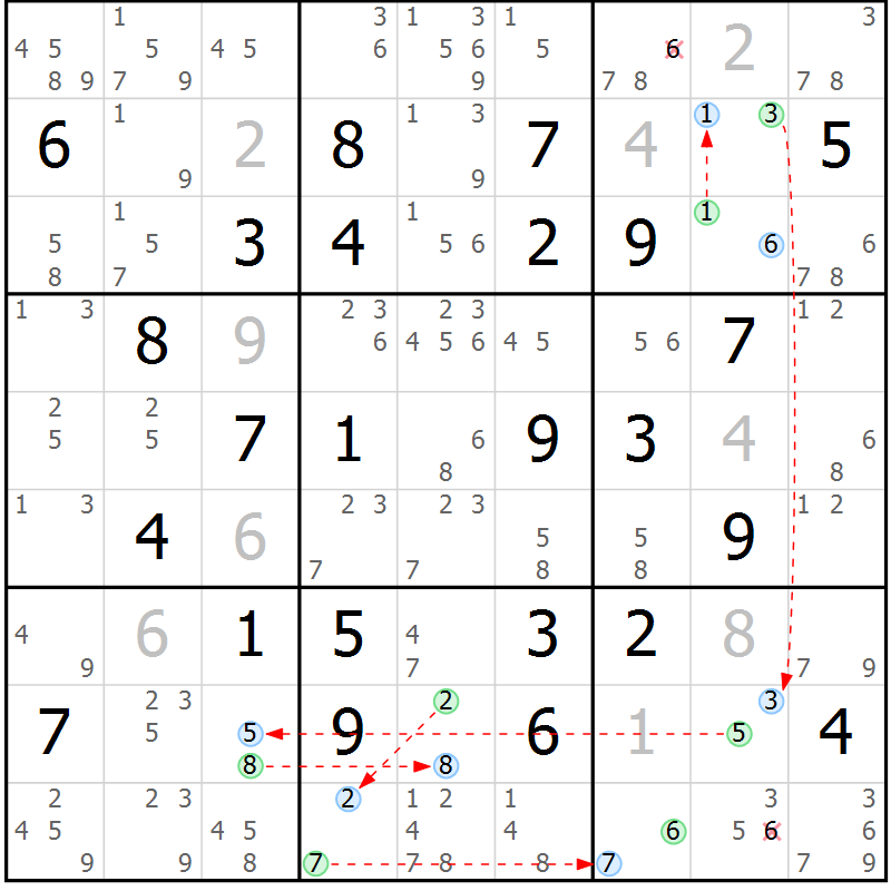 Position des candidats pour la solution de la Gr 54 page 57 du magazine de sudoku Maestro n° 104