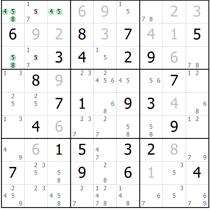 Position des candidats pour la solution de la Gr 54 page 57 du magazine de sudoku Maestro n° 104