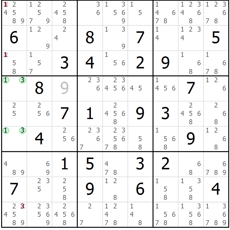 Position des candidats pour la solution de la Gr 54 page 57 du magazine de sudoku Maestro n° 104