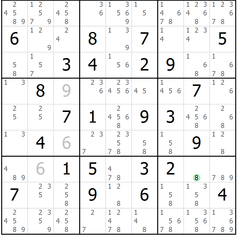 Position des candidats pour la solution de la Gr 54 page 57 du magazine de sudoku Maestro n° 104