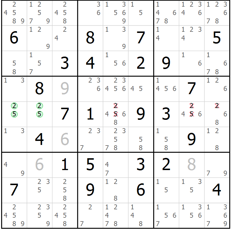 Position des candidats pour la solution de la Gr 54 page 57 du magazine de sudoku Maestro n° 104