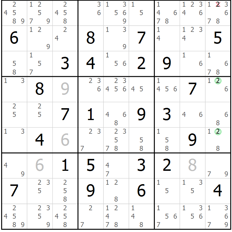 Position des candidats pour la solution de la Gr 54 page 57 du magazine de sudoku Maestro n° 104