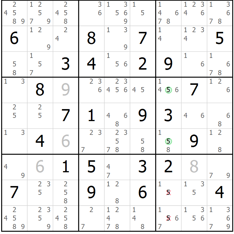 Position des candidats pour la solution de la Gr 54 page 57 du magazine de sudoku Maestro n° 104
