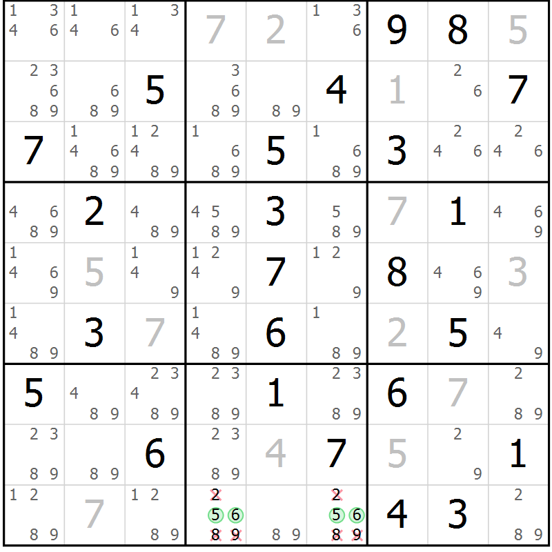 Position des candidats pour la solution de la Gr 55 page 58 du magazine de sudoku Maestro n° 104