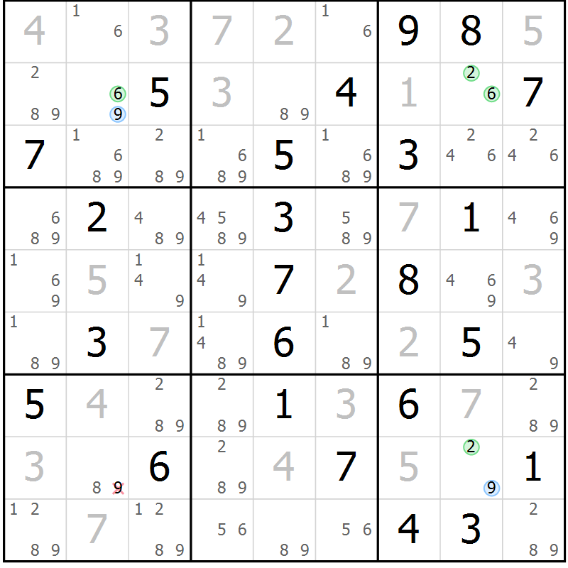 Position des candidats pour la solution de la Gr 55 page 58 du magazine de sudoku Maestro n° 104