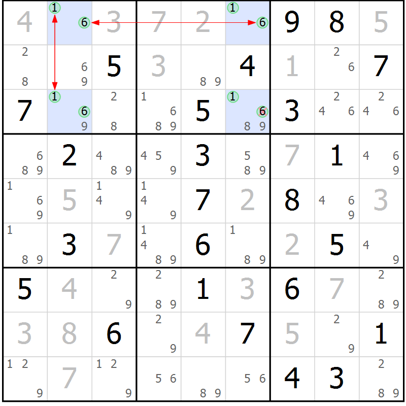 Position des candidats pour la solution de la Gr 55 page 58 du magazine de sudoku Maestro n° 104