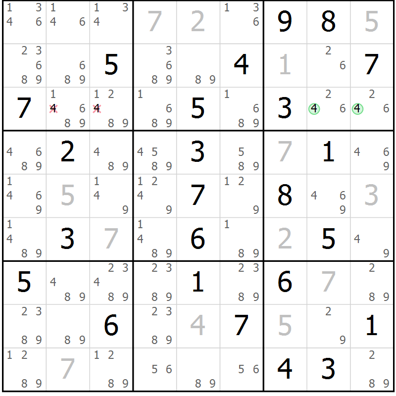 Position des candidats pour la solution de la Gr 55 page 58 du magazine de sudoku Maestro n° 104