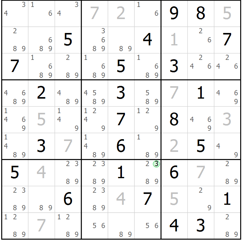 Position des candidats pour la solution de la Gr 55 page 58 du magazine de sudoku Maestro n° 104