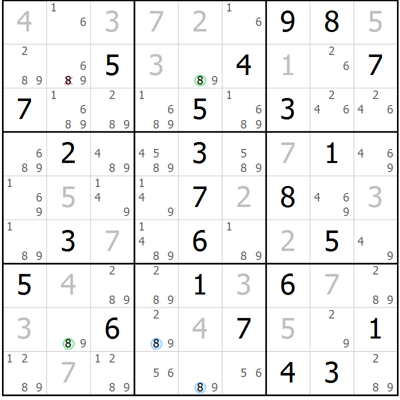 Position des candidats pour la solution de la Gr 55 page 58 du magazine de sudoku Maestro n° 104