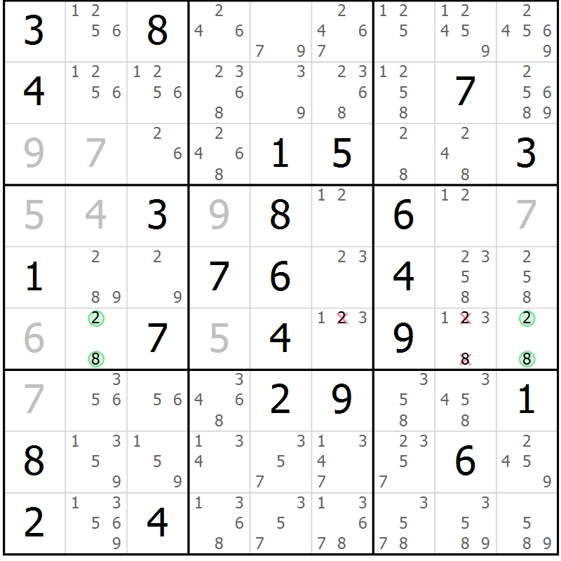 Position des candidats pour la solution de la Gr 56 page 59 du magazine de sudoku Maestro n° 104