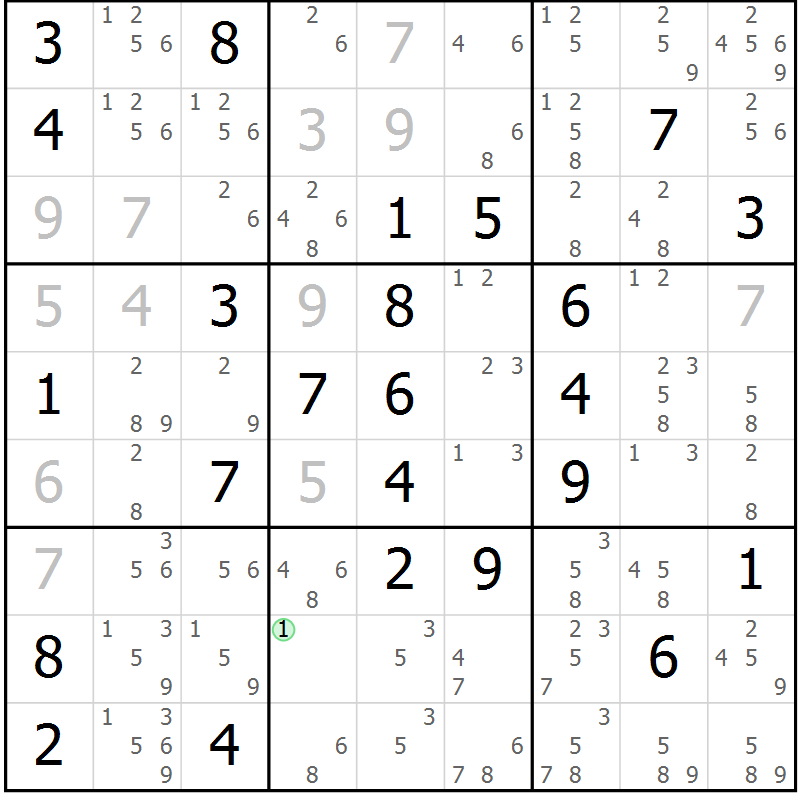 Position des candidats pour la solution de la Gr 56 page 59 du magazine de sudoku Maestro n° 104