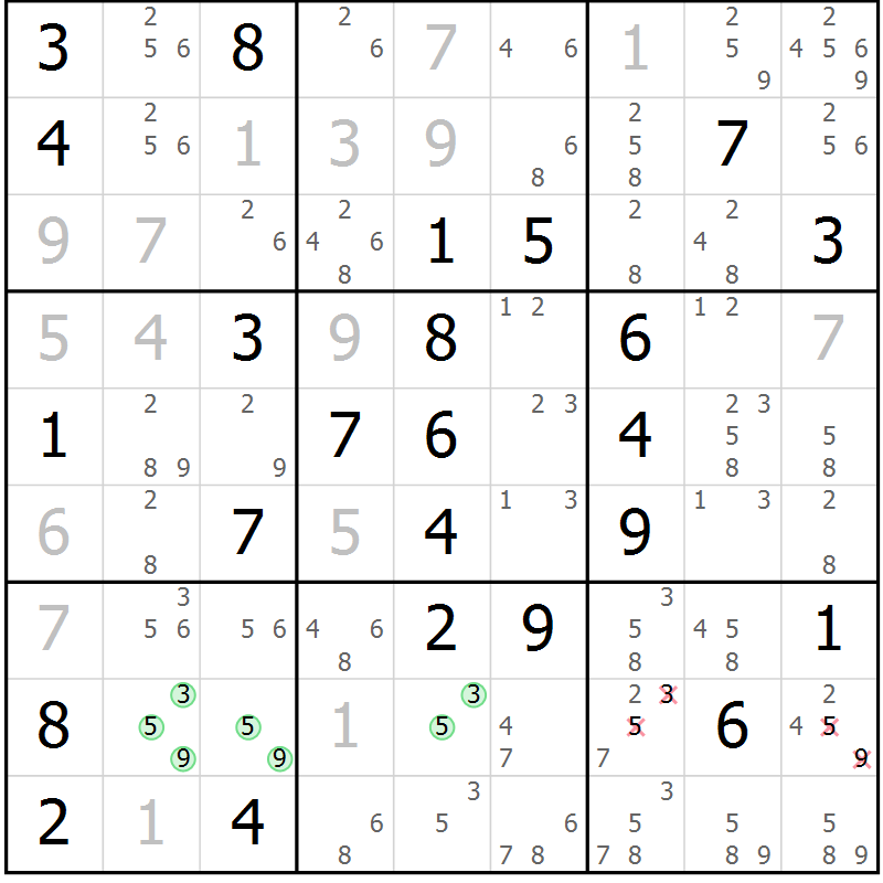 Position des candidats pour la solution de la Gr 56 page 59 du magazine de sudoku Maestro n° 104