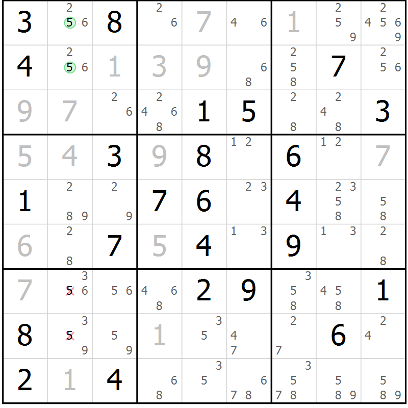 Position des candidats pour la solution de la Gr 56 page 59 du magazine de sudoku Maestro n° 104