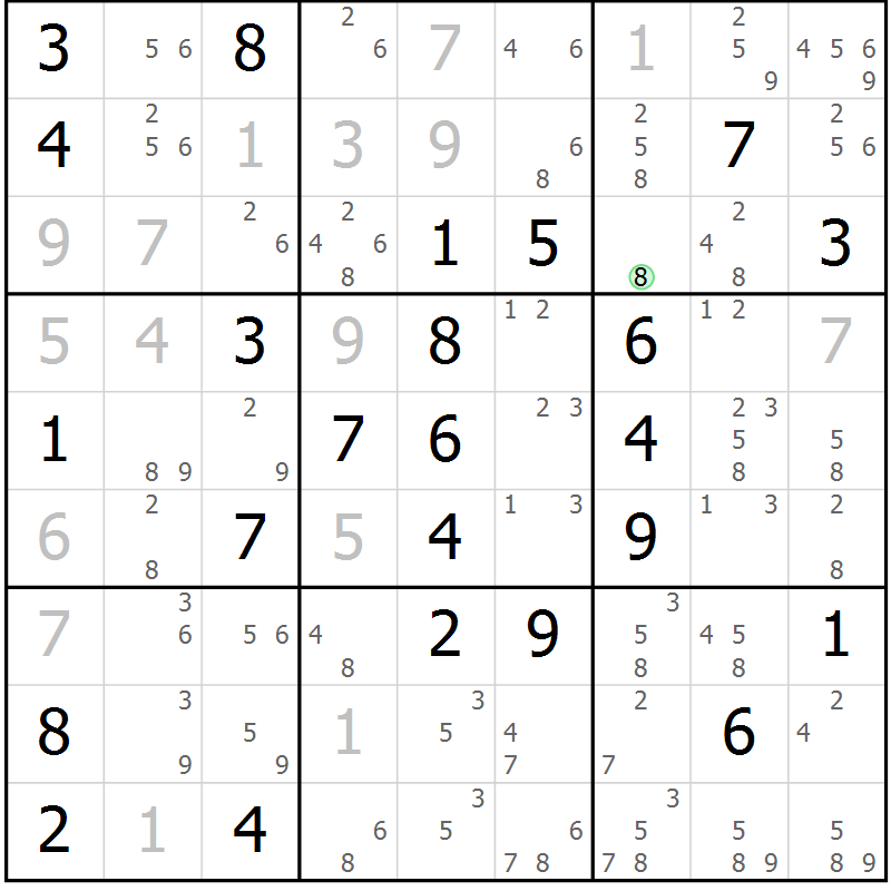 Position des candidats pour la solution de la Gr 56 page 59 du magazine de sudoku Maestro n° 104