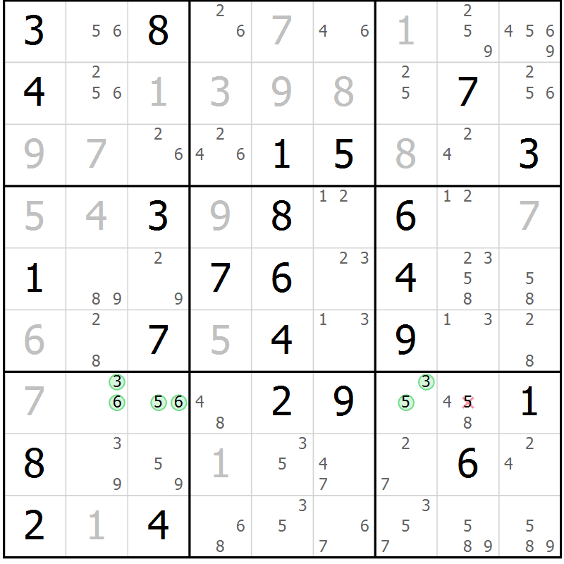 Position des candidats pour la solution de la Gr 56 page 59 du magazine de sudoku Maestro n° 104