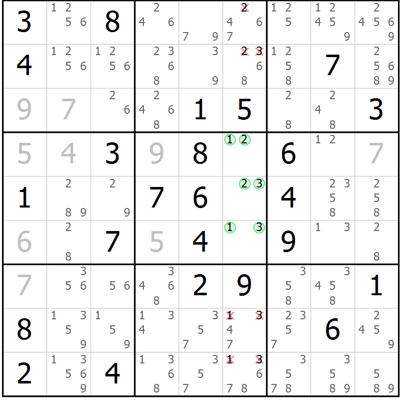 Position des candidats pour la solution de la Gr 56 page 59 du magazine de sudoku Maestro n° 104
