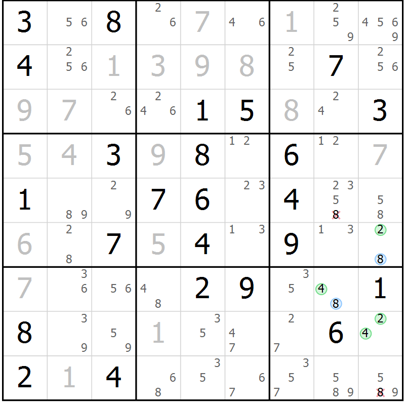 Position des candidats pour la solution de la Gr 56 page 59 du magazine de sudoku Maestro n° 104