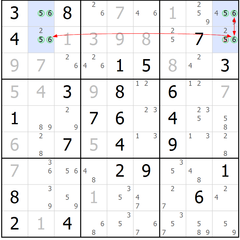 Position des candidats pour la solution de la Gr 56 page 59 du magazine de sudoku Maestro n° 104