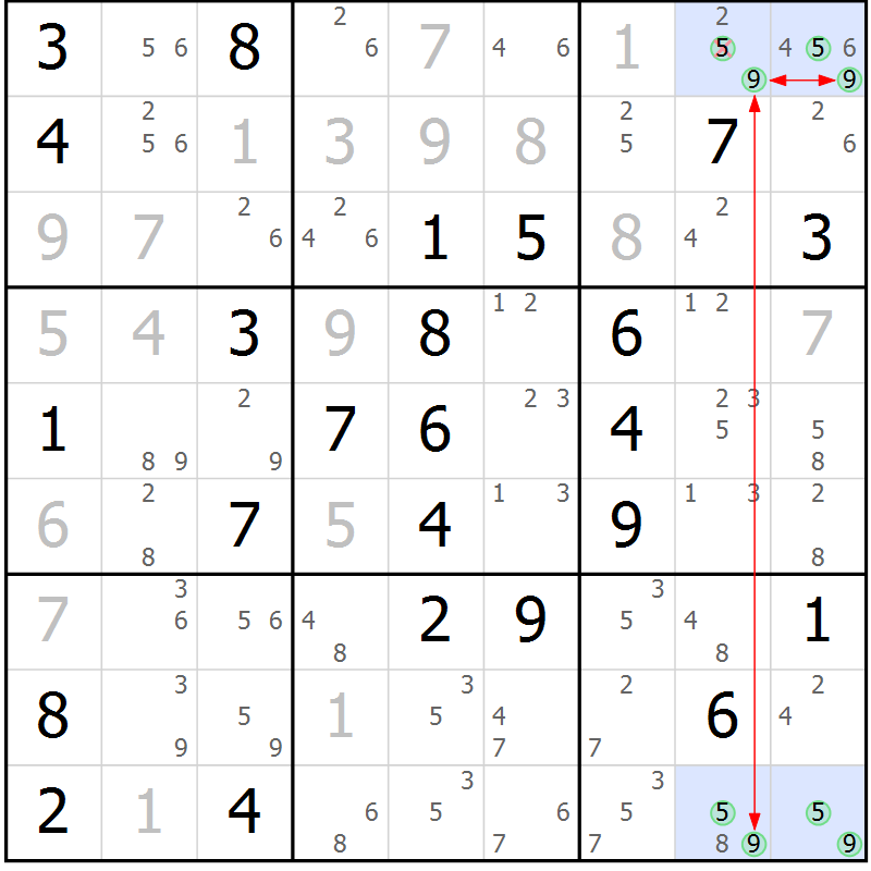 Position des candidats pour la solution de la Gr 56 page 59 du magazine de sudoku Maestro n° 104