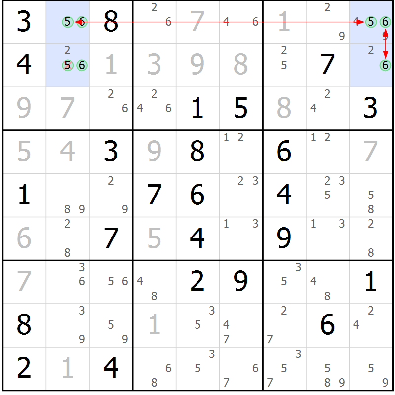 Position des candidats pour la solution de la Gr 56 page 59 du magazine de sudoku Maestro n° 104