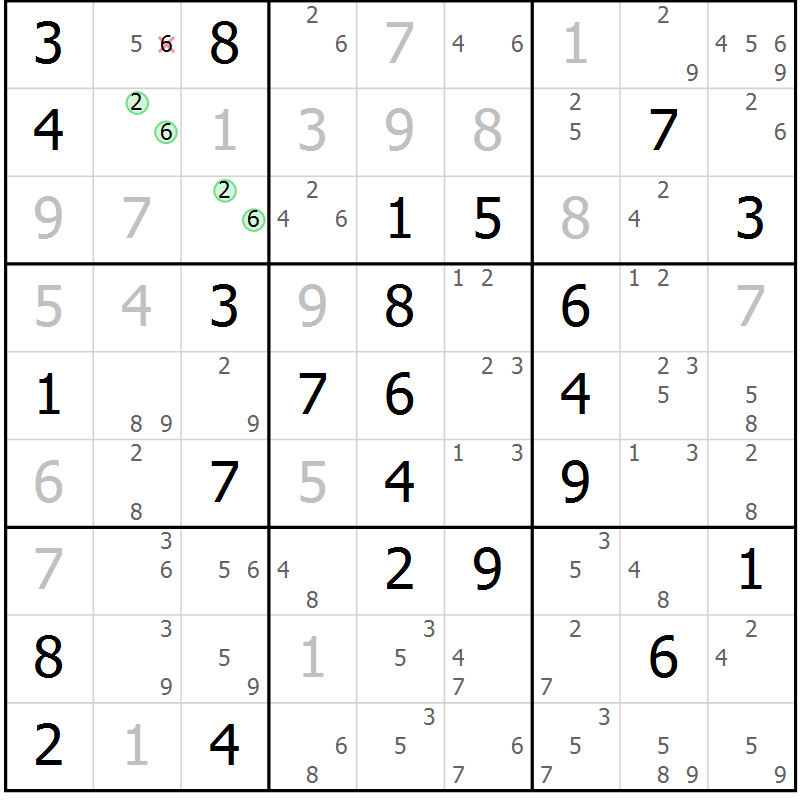 Position des candidats pour la solution de la Gr 56 page 59 du magazine de sudoku Maestro n° 104